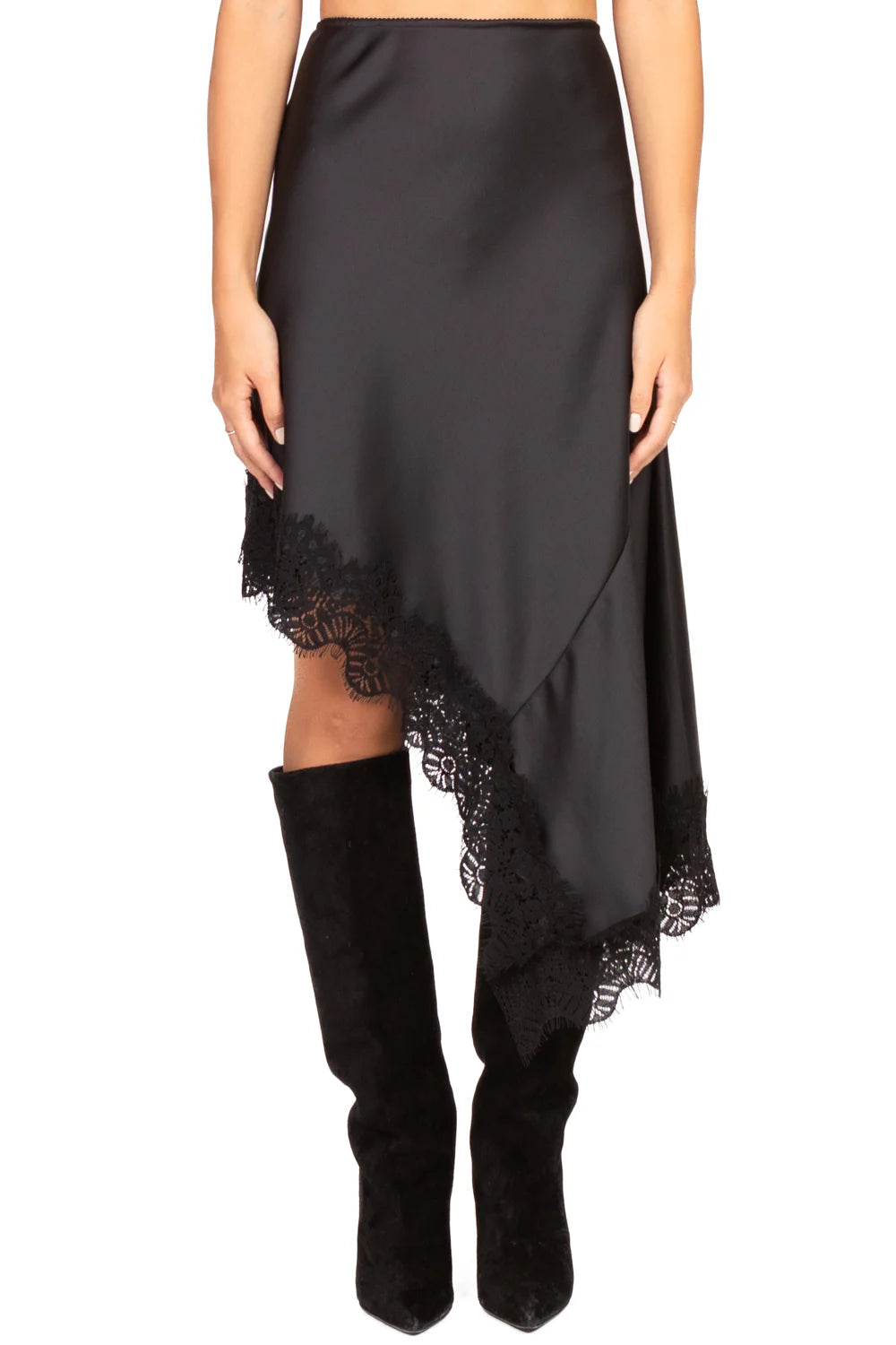 Gonna in raso con pizzo asimmetrica TENSIONE IN art. 37635 colore marrone e nero