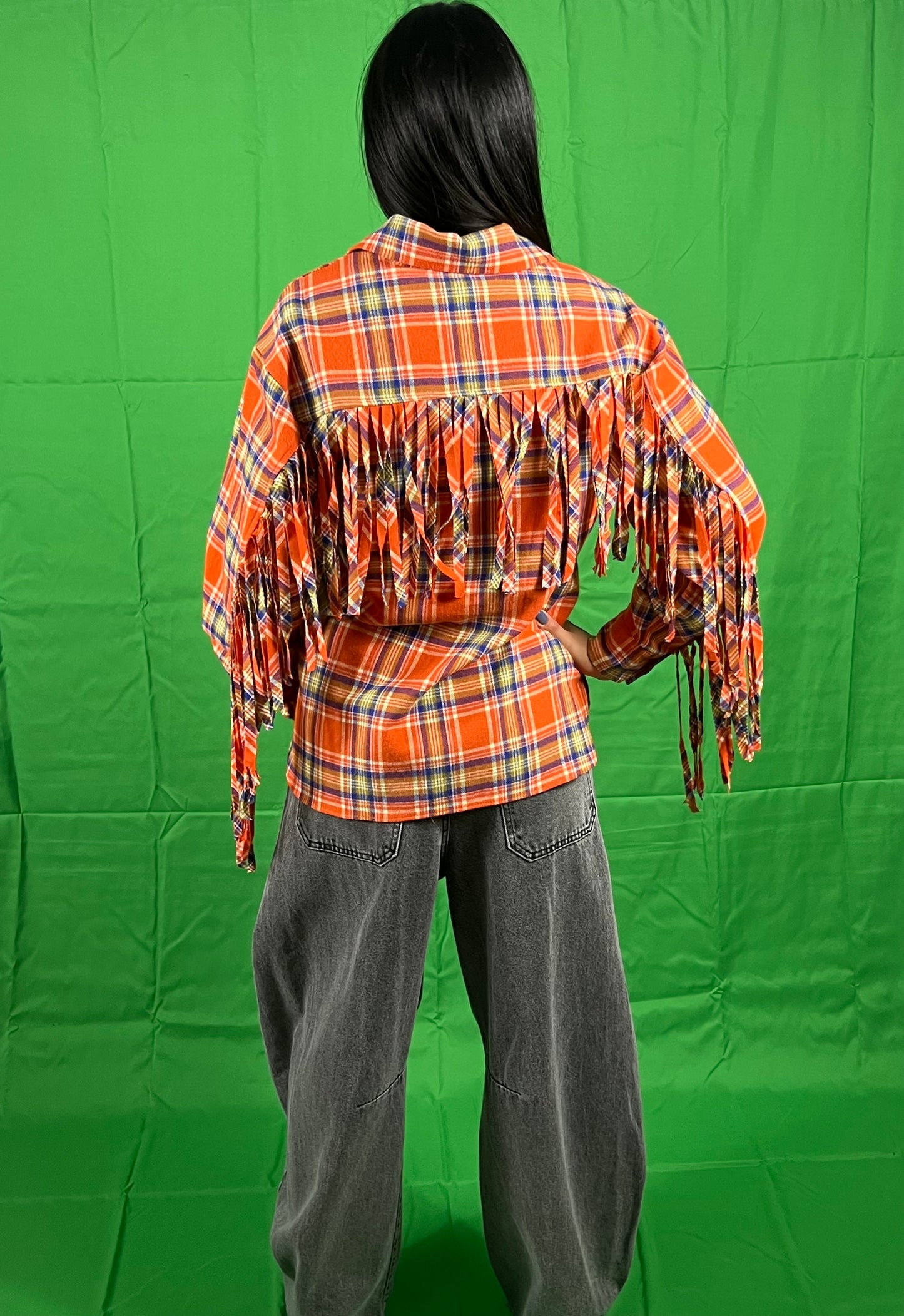Camicia in flanella a quadri con frange KONTATTO art. B836N colore arancio