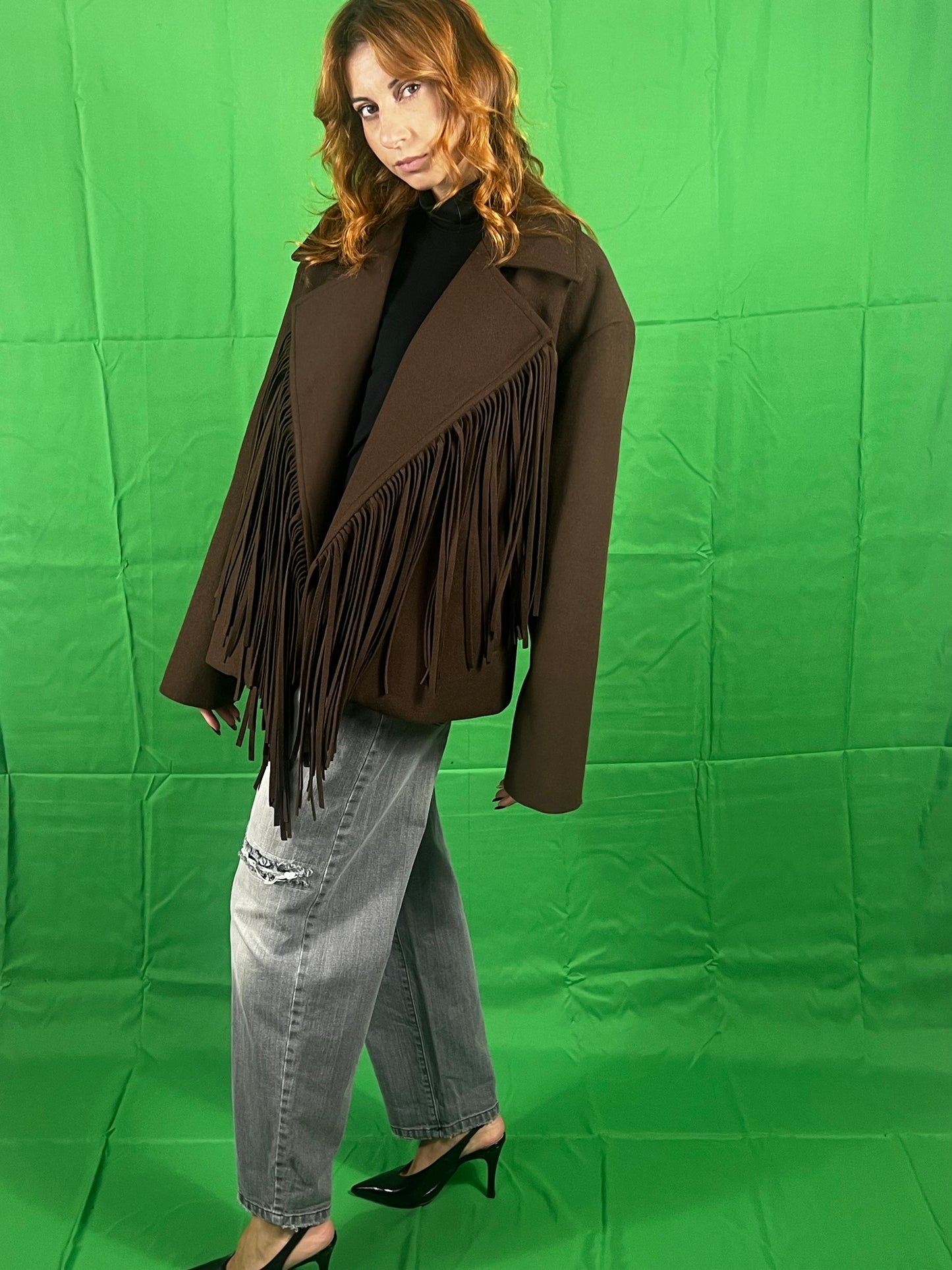 Cappotto over con frange VIVIENNE art. VLD3553 colore bordeaux, marrone