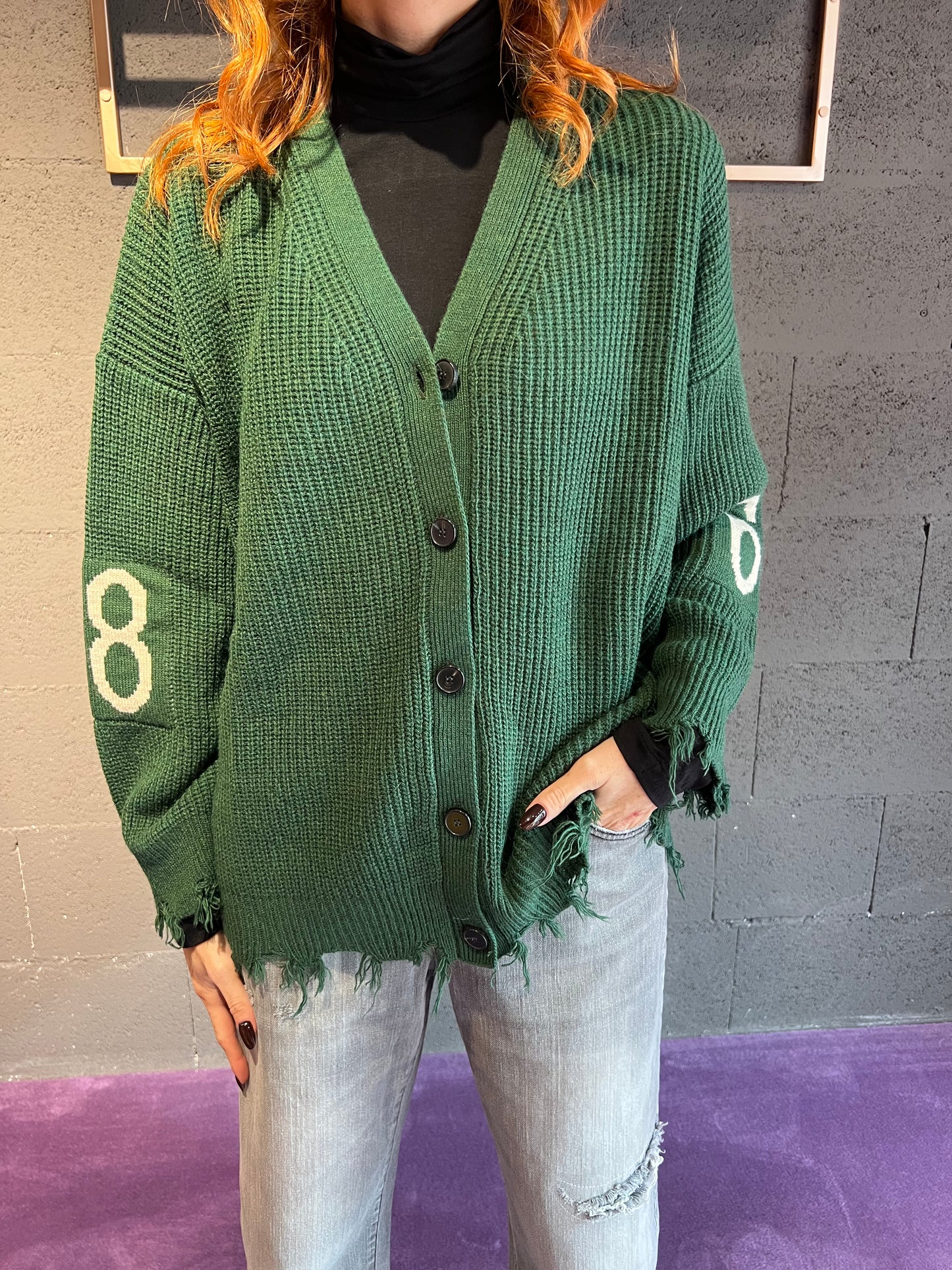Cardigan a costine con stampa manica VICOLO art. 77119F colore bordeaux e verde
