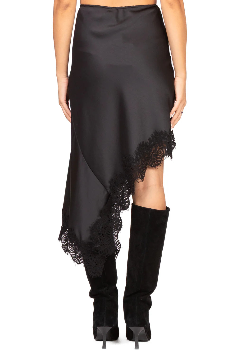 Gonna in raso con pizzo asimmetrica TENSIONE IN art. 37635 colore marrone e nero