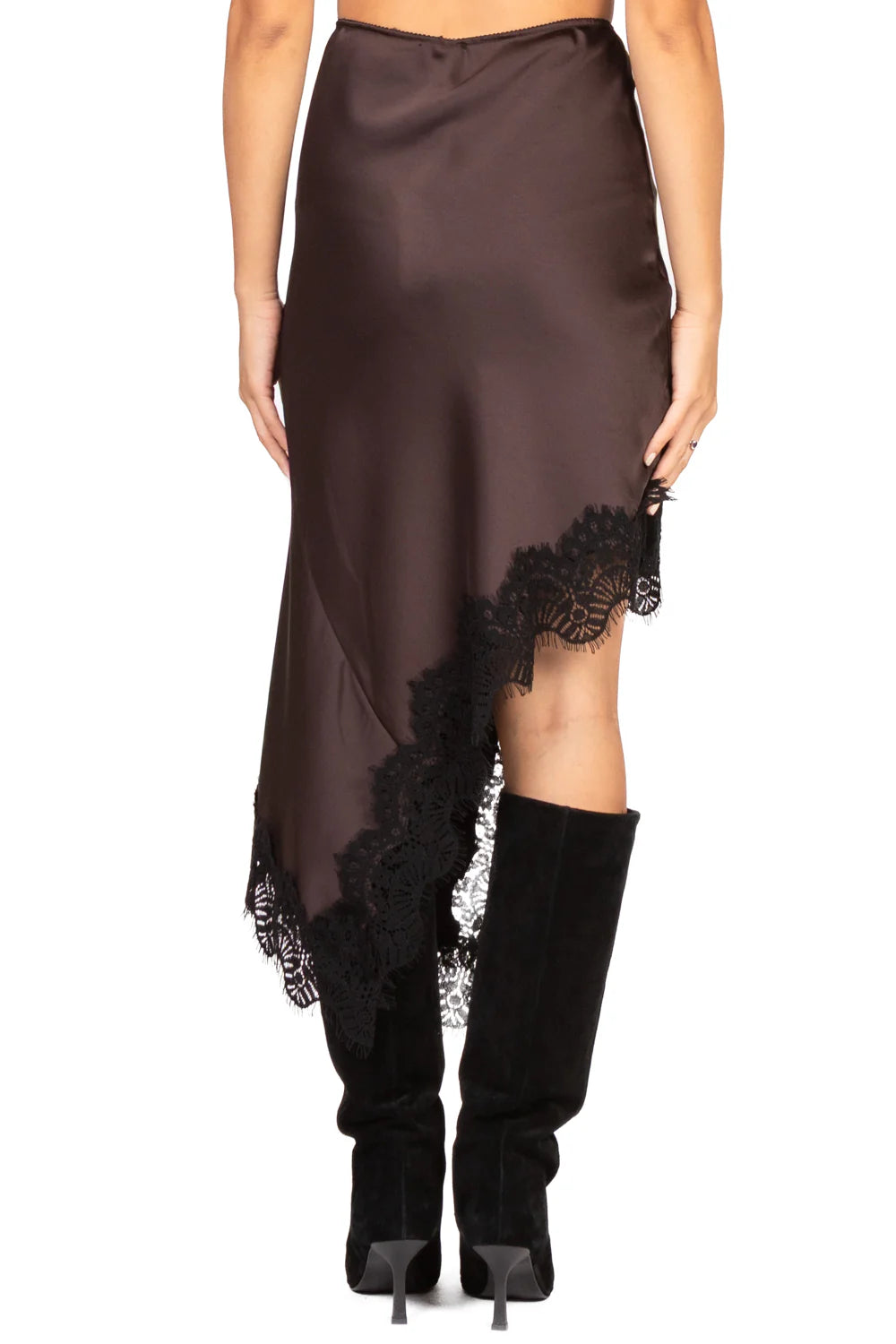 Gonna in raso con pizzo asimmetrica TENSIONE IN art. 37635 colore marrone e nero