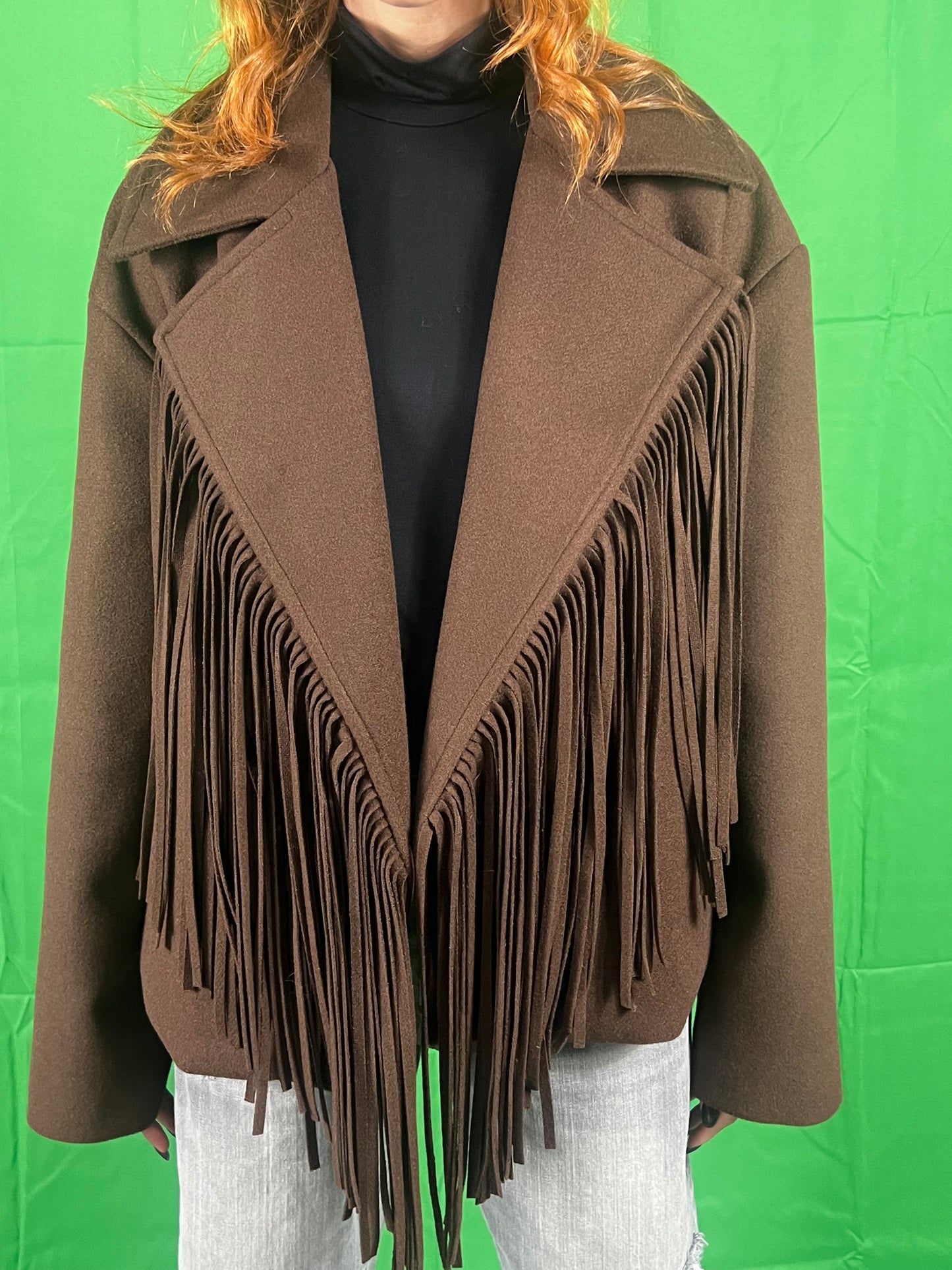 Cappotto over con frange VIVIENNE art. VLD3553 colore bordeaux, marrone