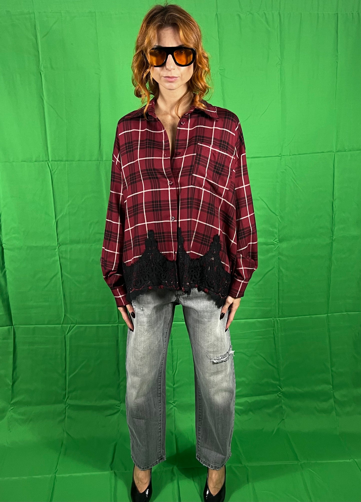 Camicia check con pizzo TENSIONE IN art. FW250057 colore rosso