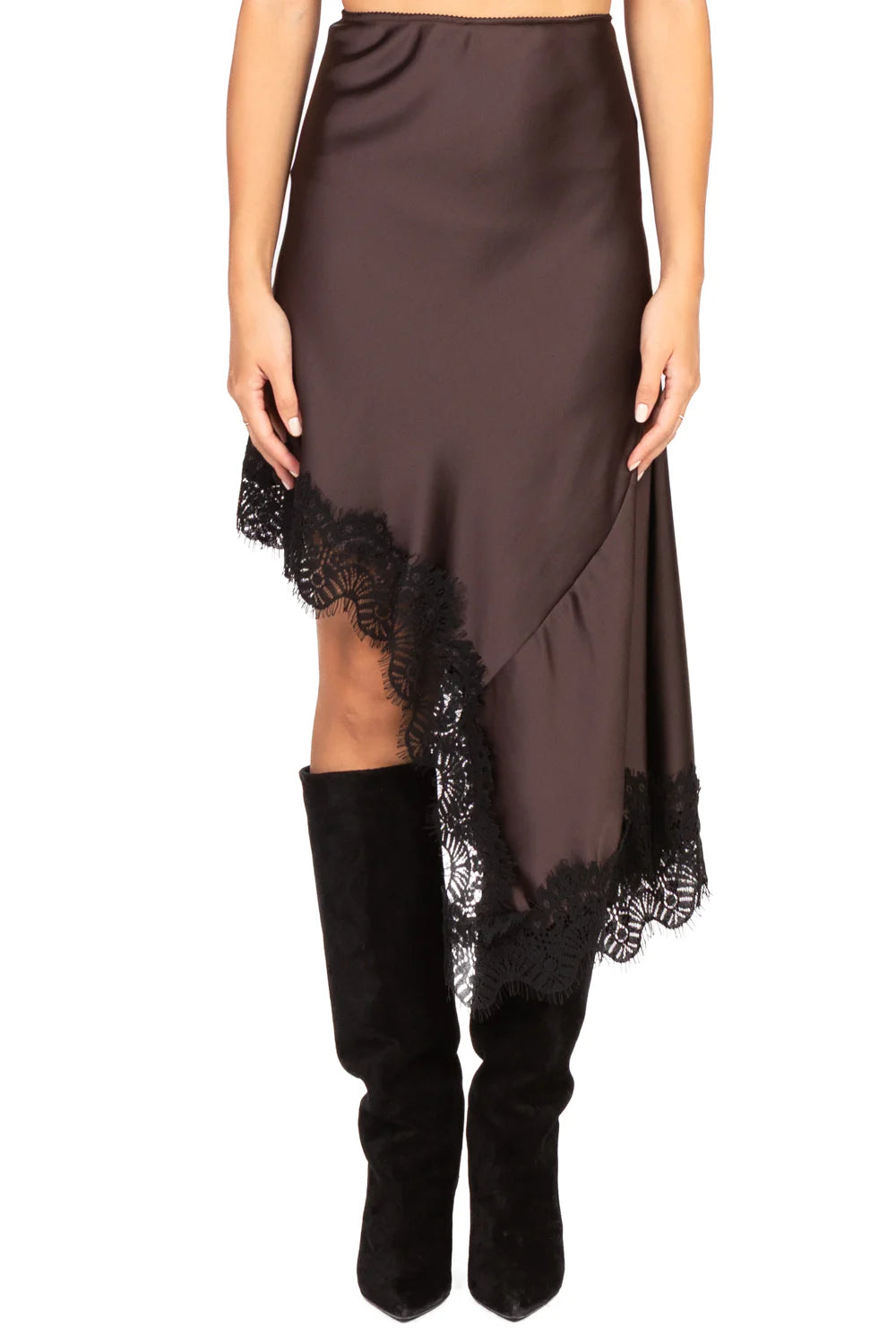 Gonna in raso con pizzo asimmetrica TENSIONE IN art. 37635 colore marrone e nero