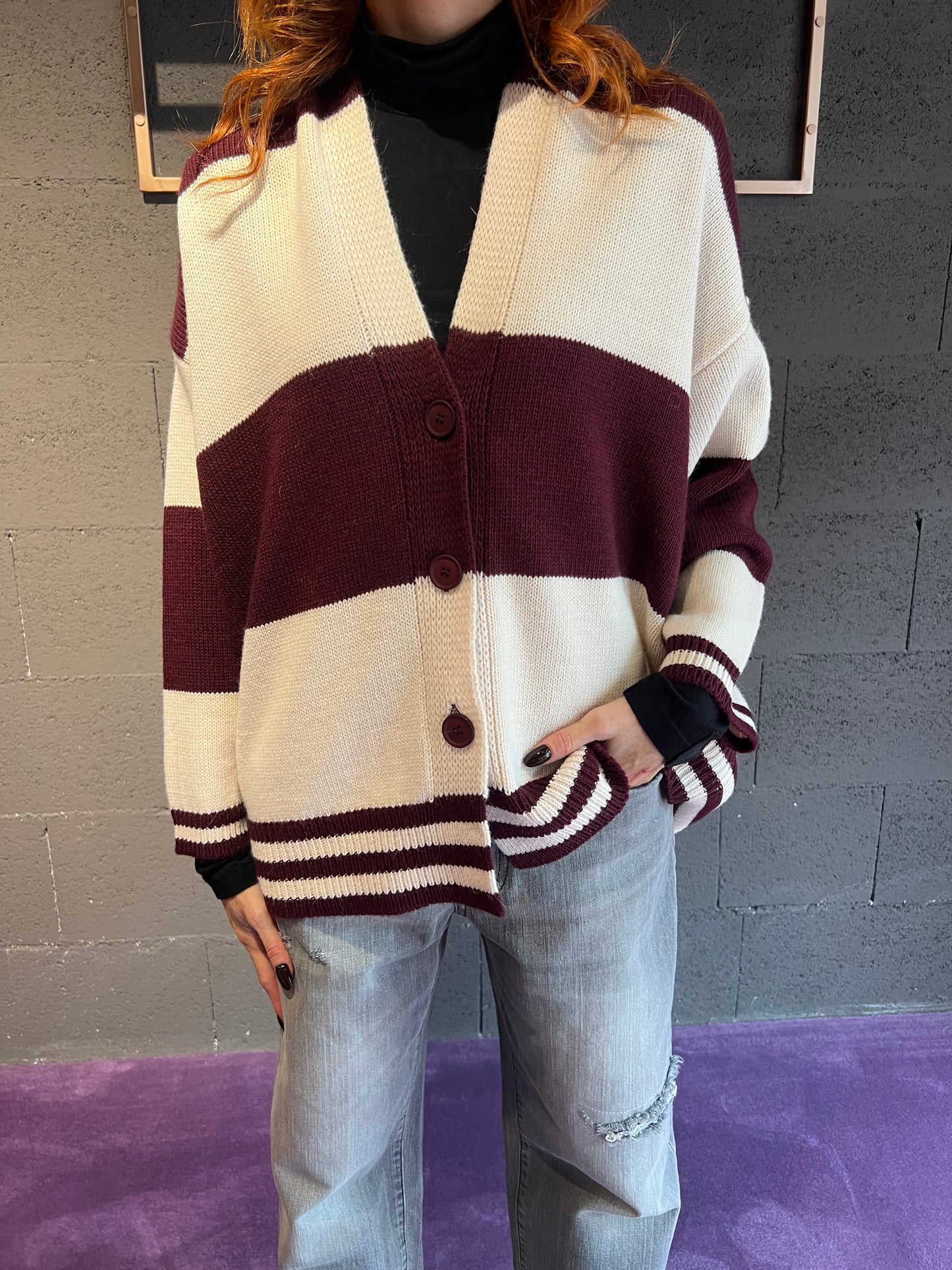 Maxi cardigan rigato con orsetto HAVEONE art. MFP-P130 colore verde, bordeaux