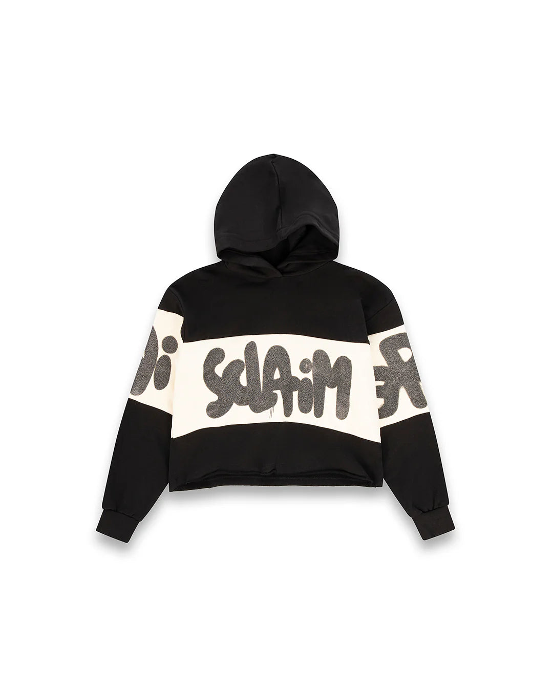 Felpa con cappuccio crop con scritta glitter logo DISCLAIMER art. 25IDS55312 colore nero e panna