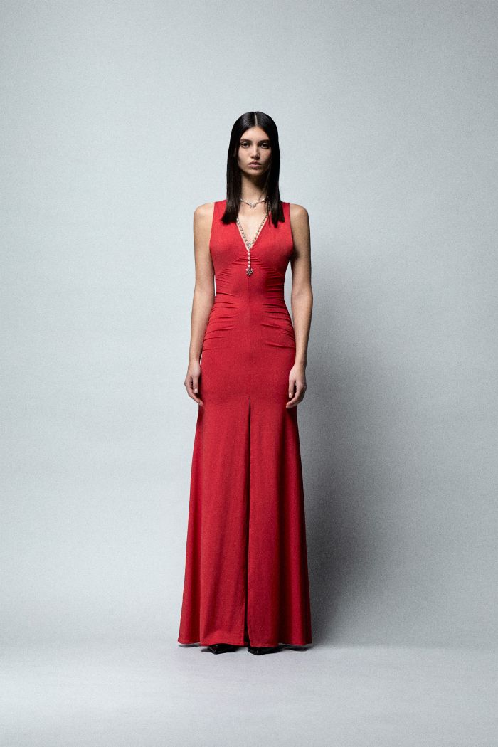 Abito a sirena in lycra con scollo a V JETT ANIYEBY 181410 colore rosso e nero