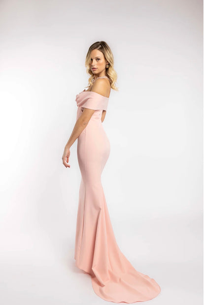 Abito lungo con strascico, effetto bustino steccato con scollo a barca VALERIA MAZZA art. VM526 colore rosa