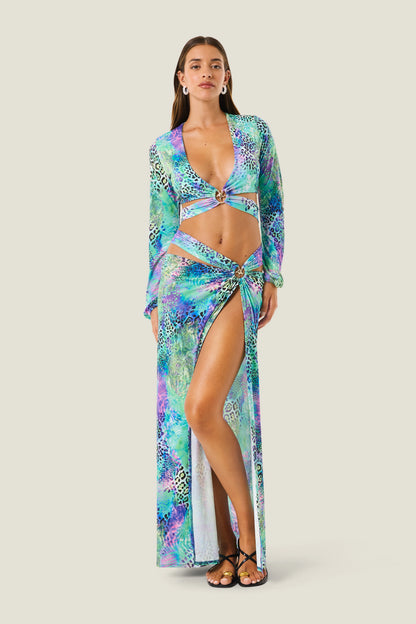 Gonna lunga anello e spacco patch animalier 4GIVENESS art. 126WRWGO5874 colore celeste
