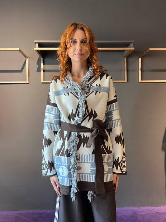 Cardigan con frangia fantasia , con cintura VICOLO art. 77190F colore nero e marrone