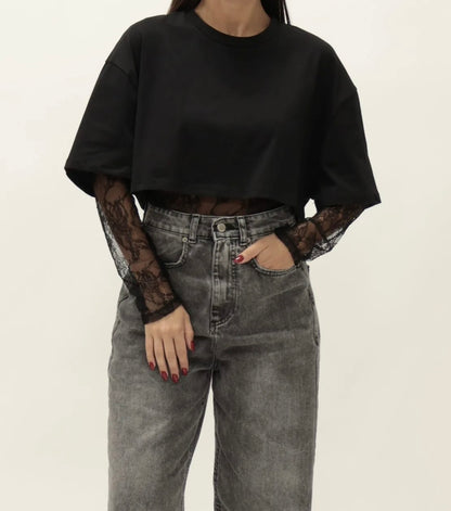 Tshirt crop con body in pizzo sotto HAVEONE art. TMA-P019 colore nero