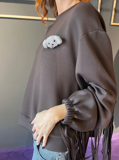 Felpa con frange e spilla peluche PHILIA LOFT art. D01E0631 colore marrone e nero