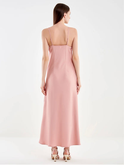 Abito in raso lungo con spacco VICOLO art. TAB0517 colore rosa e marrone
