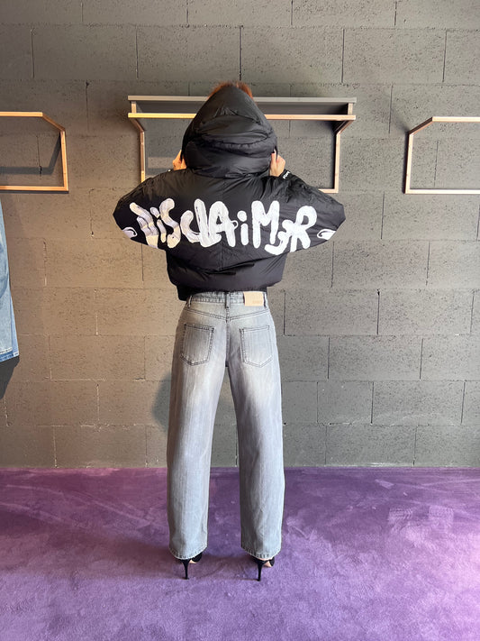 Piumino a bomber con cappuccio e scritta logo dietro DISCLAIMER art. 25IDS55157 colore nero