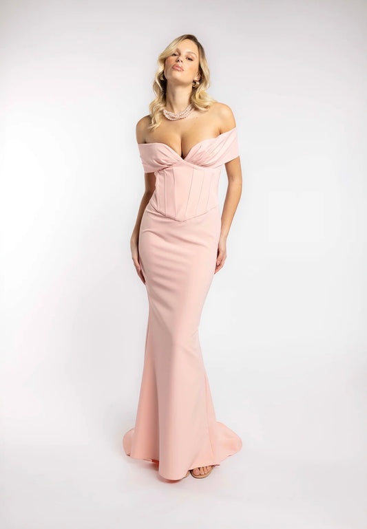 Abito lungo con strascico, effetto bustino steccato con scollo a barca VALERIA MAZZA art. VM526 colore rosa