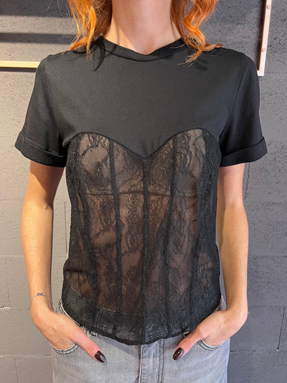 Tshirt con bustino in pizzo trasparente MOTEL art. W25M575 colore nero e bianco