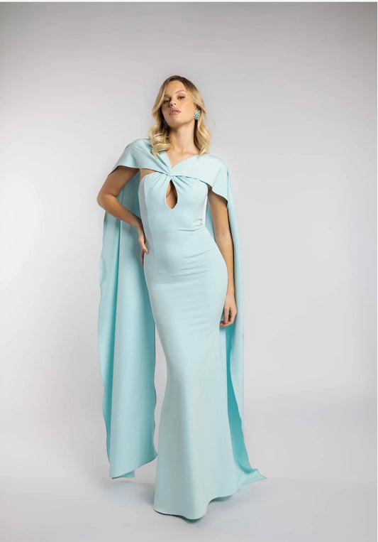 Abito lungo con scollatura a goccia e mantella a stola VALERIA MAZZA art. VM530 colore celeste