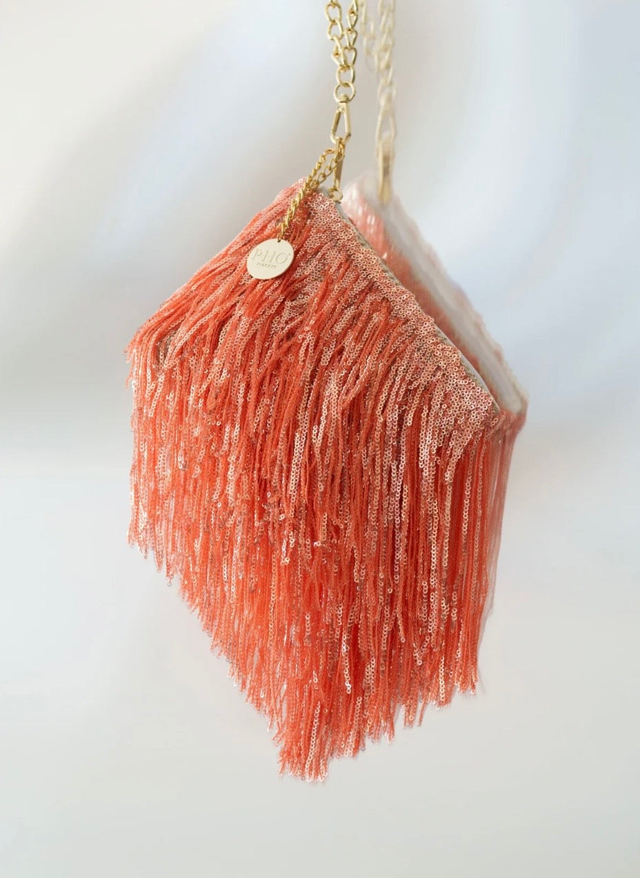 Pochette con frange pailettes con tracolla PHO FIRENZE art. 8023014 colore lemon, orange, green, acid green, water, champagne, fuxia