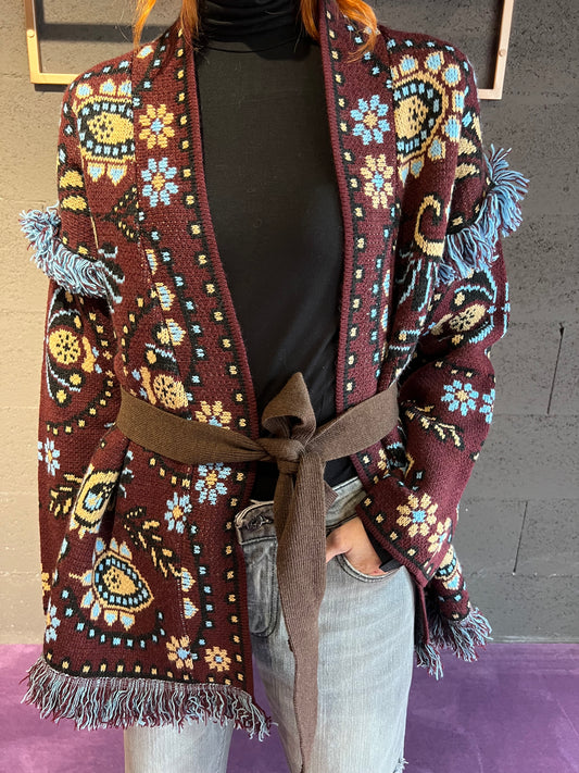 Cardigan  fantasia con frangia TENSIONE IN art. 25A586AI25 colore bordeaux