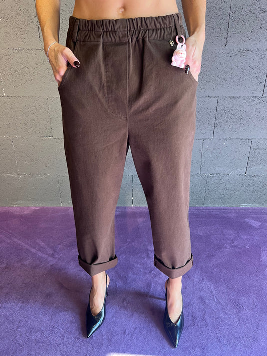 Pantalone tessuto jeans con ciondolo coniglietto ed elastico in vita PHILIA LOFT art. R01L0307 colore rosa e marrone