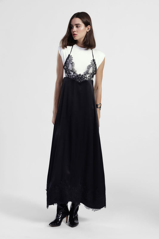 Abito lungo con sottanina in raso e dettaglio in pizzo DIXIE art. A073Y049 colore nero