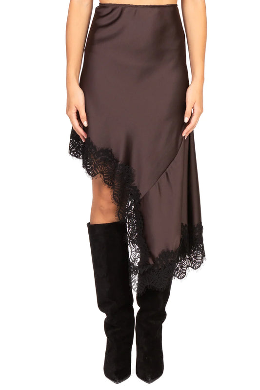 Gonna in raso con pizzo asimmetrica TENSIONE IN art. 37635 colore marrone e nero