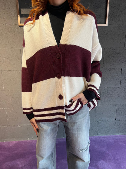 Maxi cardigan rigato con orsetto HAVEONE art. MFP-P130 colore verde, bordeaux