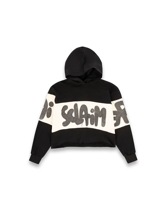 Felpa con cappuccio crop con scritta glitter logo DISCLAIMER art. 25IDS55312 colore nero e panna
