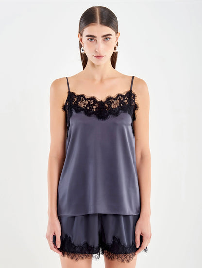 Top in raso con pizzo VICOLO art. TF0928 colore bordeaux, grigio e marrone