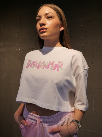 T-shirt crop con scritta laminata logo DISCLAIMER art. 26EDS55608 colore bianco e nero