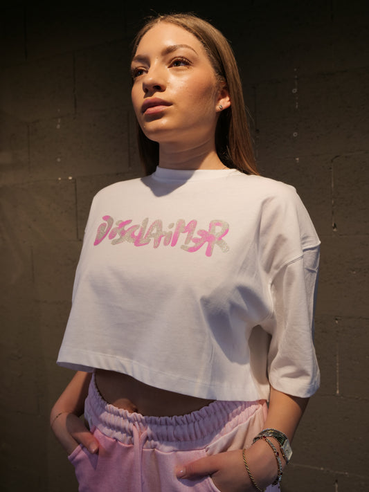 T-shirt crop con scritta laminata logo DISCLAIMER art. 26EDS55608 colore bianco e nero