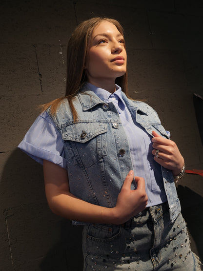 Gilet in jeans con strass BSB art. 229901 colore jeans