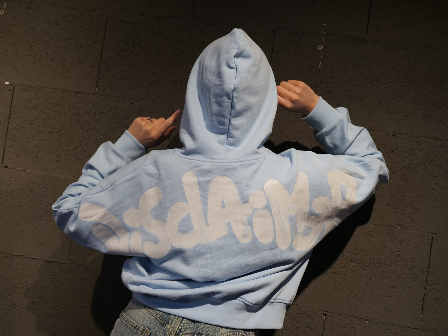 Felpa crop con cappuccio e scritta logo dietro DISCLAIMER art. 26EDS55550 colore nero, celeste, bianco