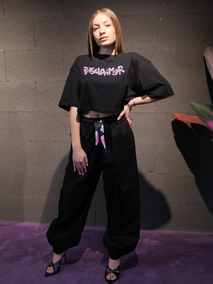 Cargo in gabardine con coulisse fiorata DISCLAIMER art. 26EDS55628 colore nero