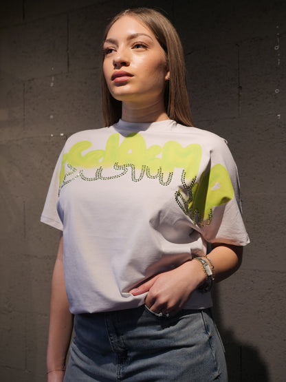 T-shirt over con scritta logo in strass DISCLAIMER art. 26EDS55666 colore ghiaccio e nero