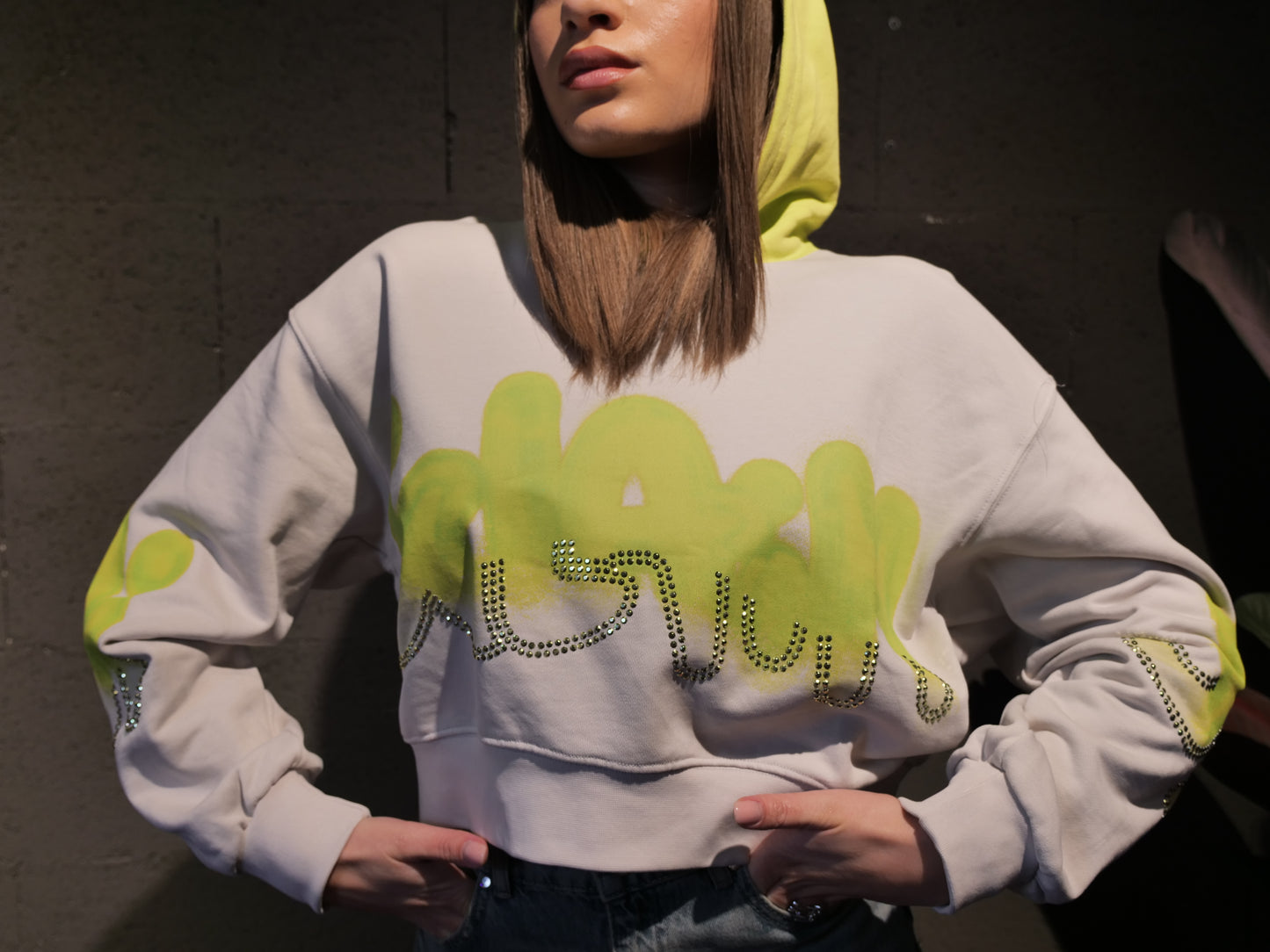 Felpa con cappuccio modello crop con scritta logo in strass DISCLAIMER art. 26EDS55665 colore nero e ghiaccio