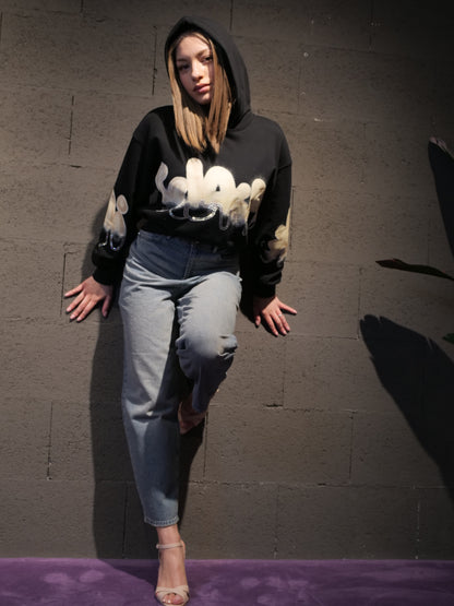 Felpa con cappuccio modello crop con scritta logo in strass DISCLAIMER art. 26EDS55665 colore nero e ghiaccio